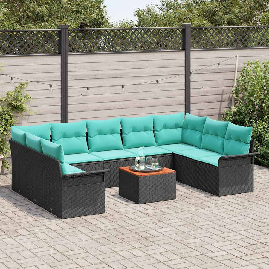 Tuinbankenset met opslag 10 pcs Zwart en Turquoise poly rattan