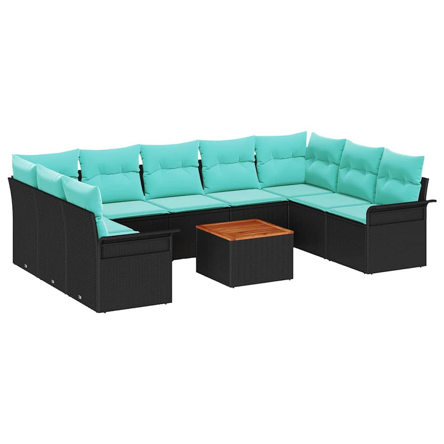 Tuinbankenset met opslag 10 pcs Zwart en Turquoise poly rattan