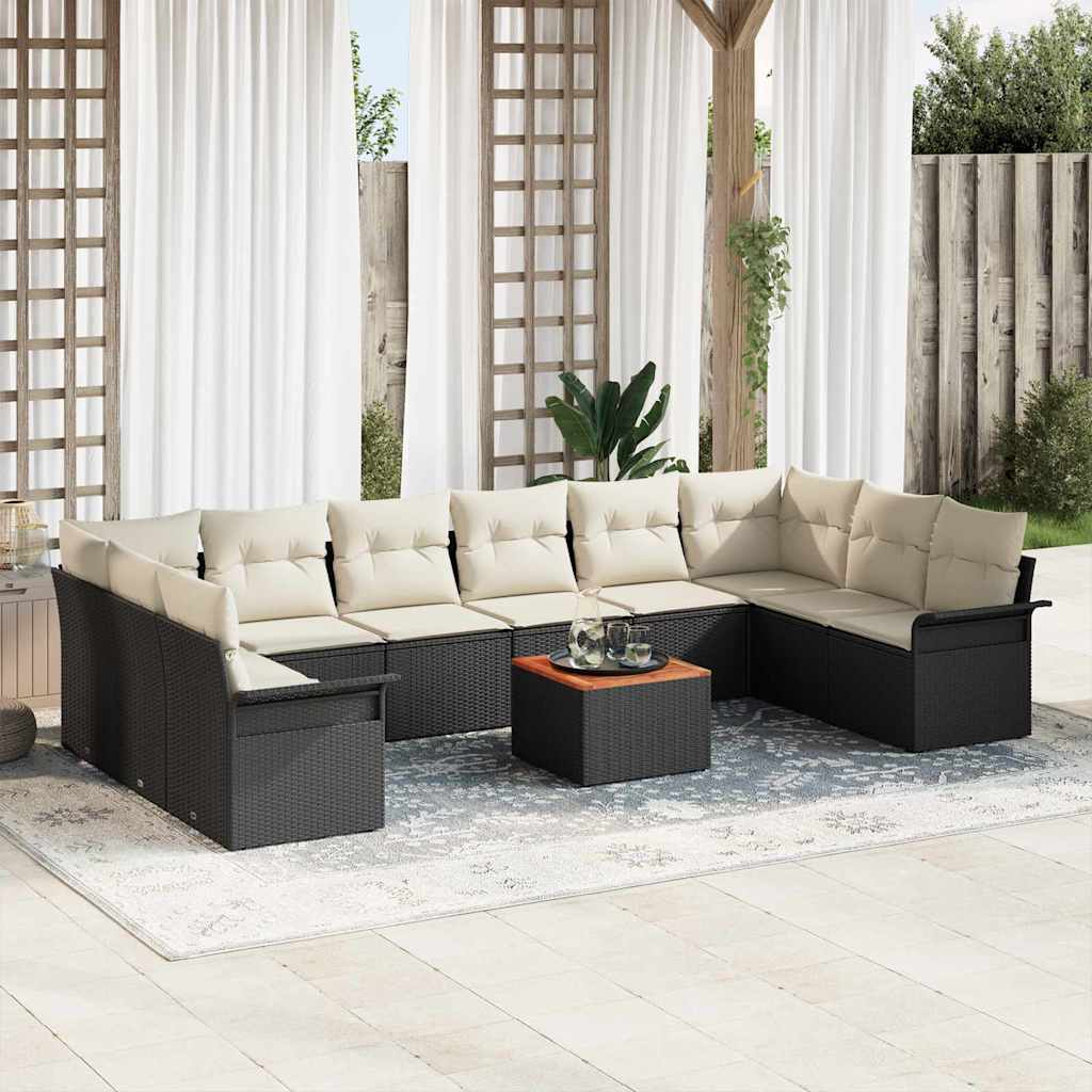 Tuinbankenset met opslag 11 pcs Zwart en Crème poly rattan