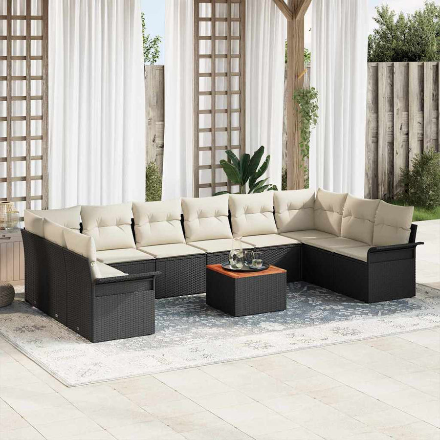 Tuinbankenset met opslag 11 pcs Zwart en Crème poly rattan