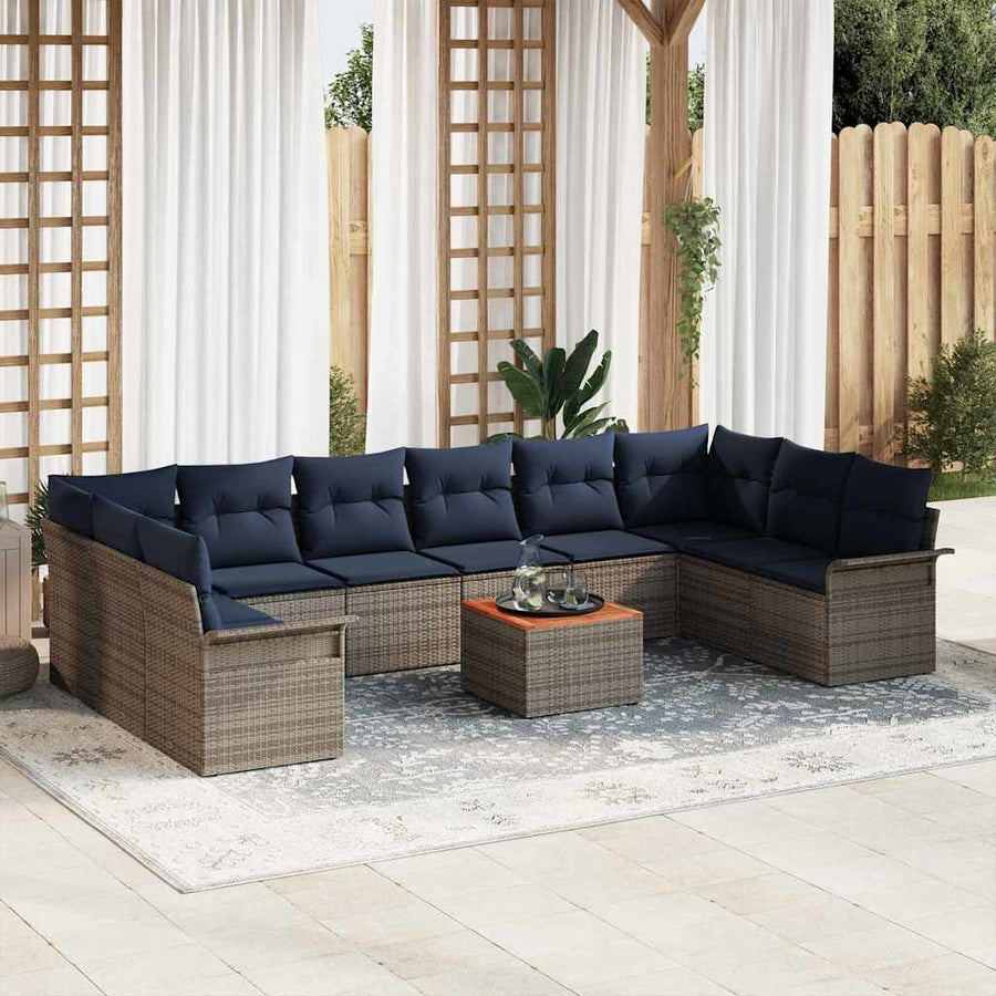 Tuinbankenset 11 pcs Grijs en Marineblauw poly rattan