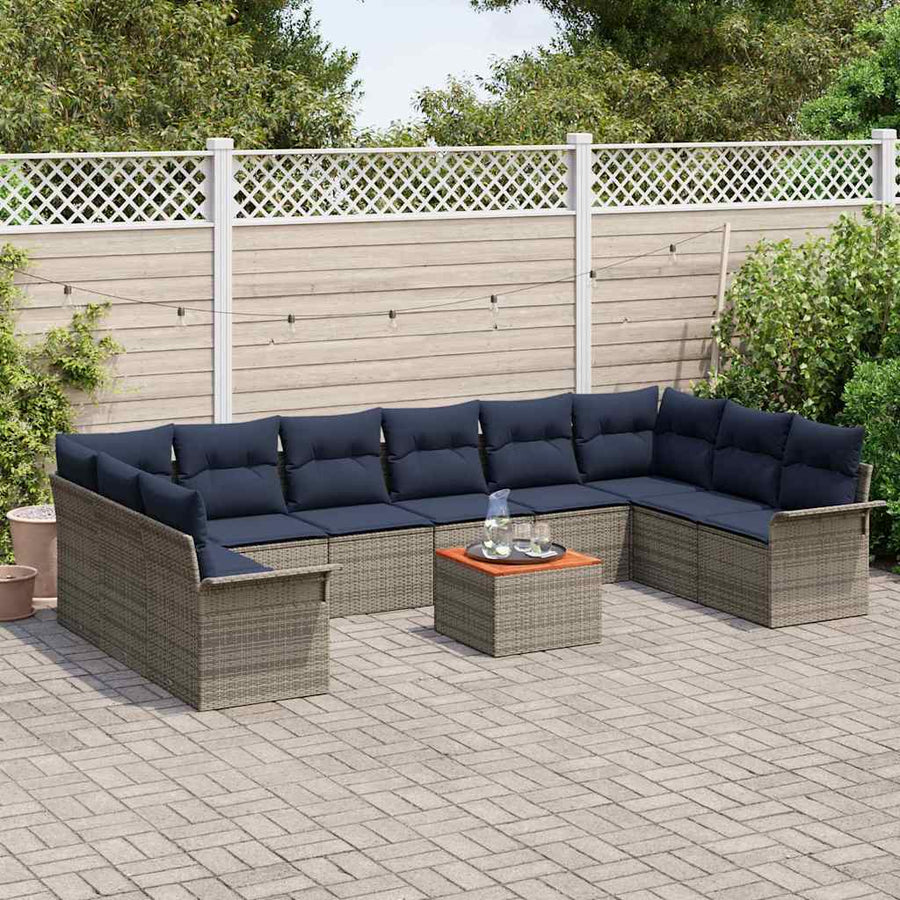 Tuinbankenset 11 pcs Grijs en Marineblauw poly rattan