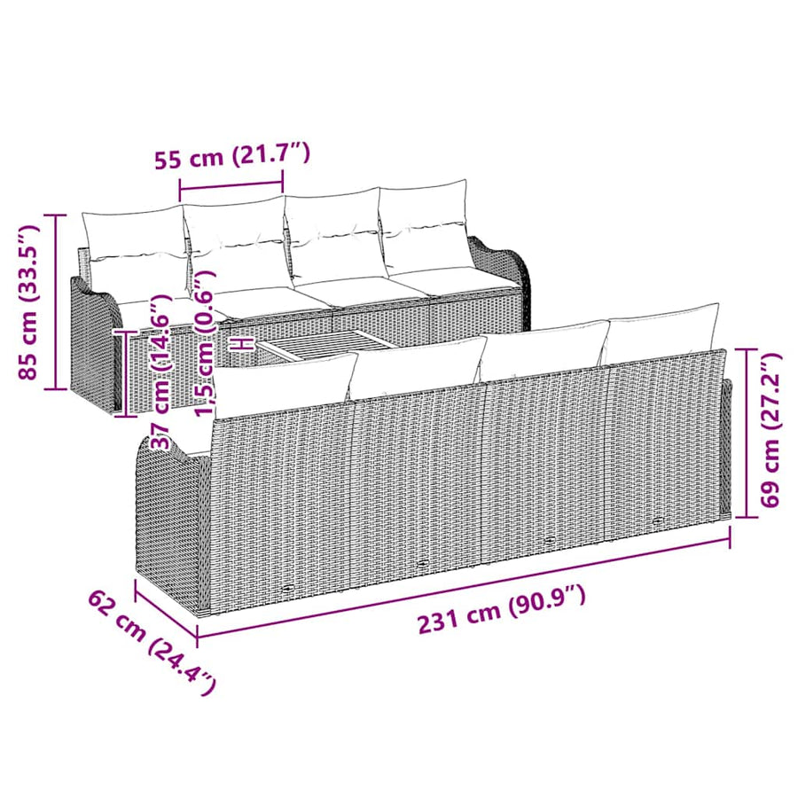 Tuinbankenset met opslag 9 pcs Grijs poly rattan