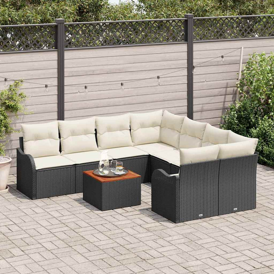 Tuinbankenset met opslag 9 pcs Zwart en Crème poly rattan
