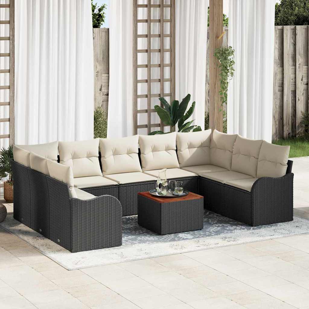 Tuinbankenset met opslag 10 pcs Zwart en Crème poly rattan