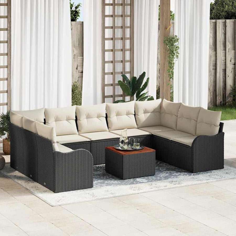 Tuinbankenset met opslag 10 pcs Zwart en Crème poly rattan