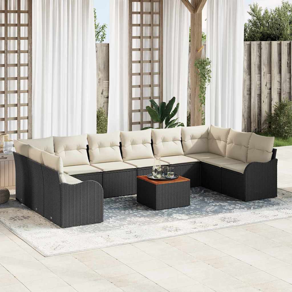 Tuinbankenset met opslag 11 pcs Zwart en Crème poly rattan