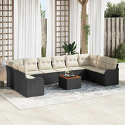 Tuinbankenset poly rattan acaciahout 11-delig zwart crème