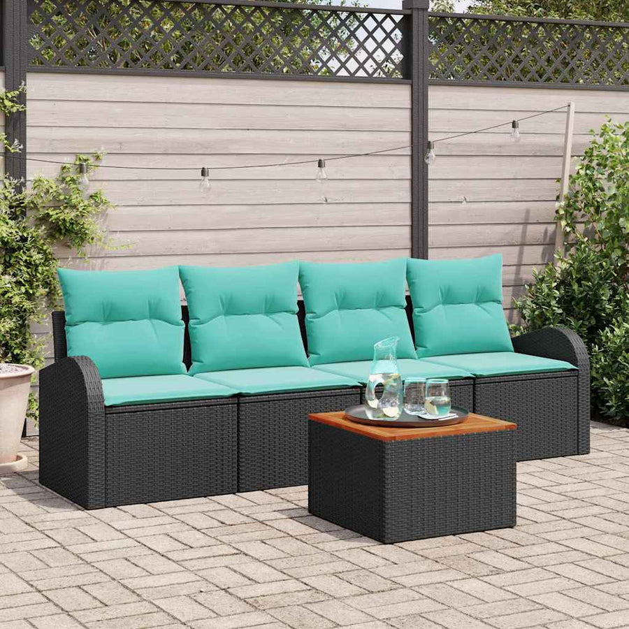 Tuinbankenset met opslag 5 pcs Zwart en Turquoise poly rattan