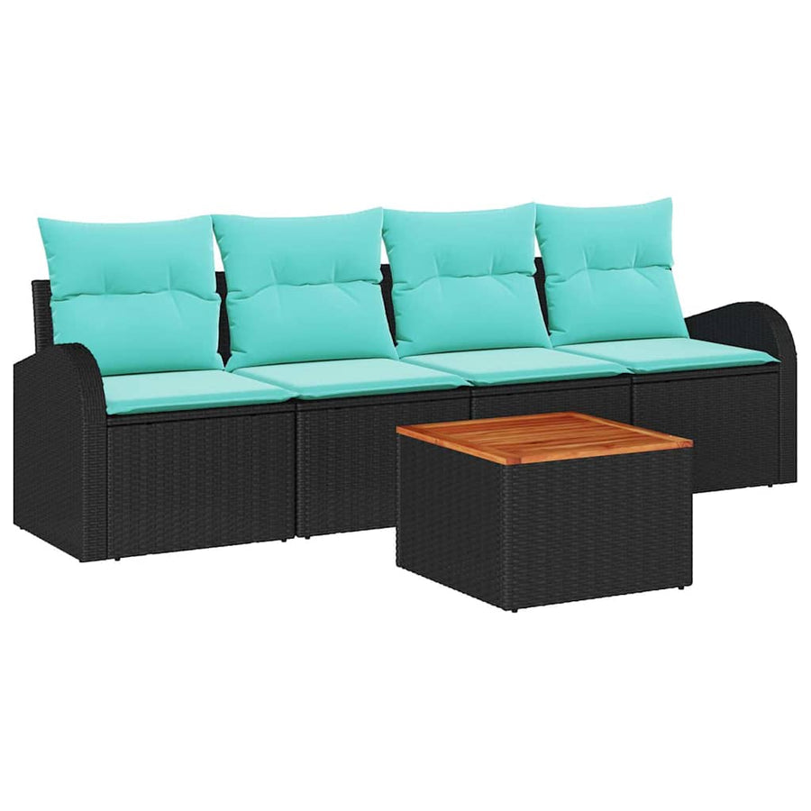 Tuinbankenset met opslag 5 pcs Zwart en Turquoise poly rattan