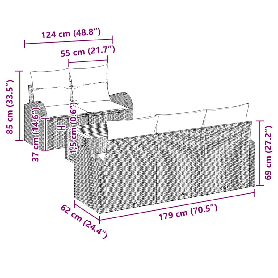 Tuinbankenset met opslag 6 pcs Beige en Licht Grijs poly rattan