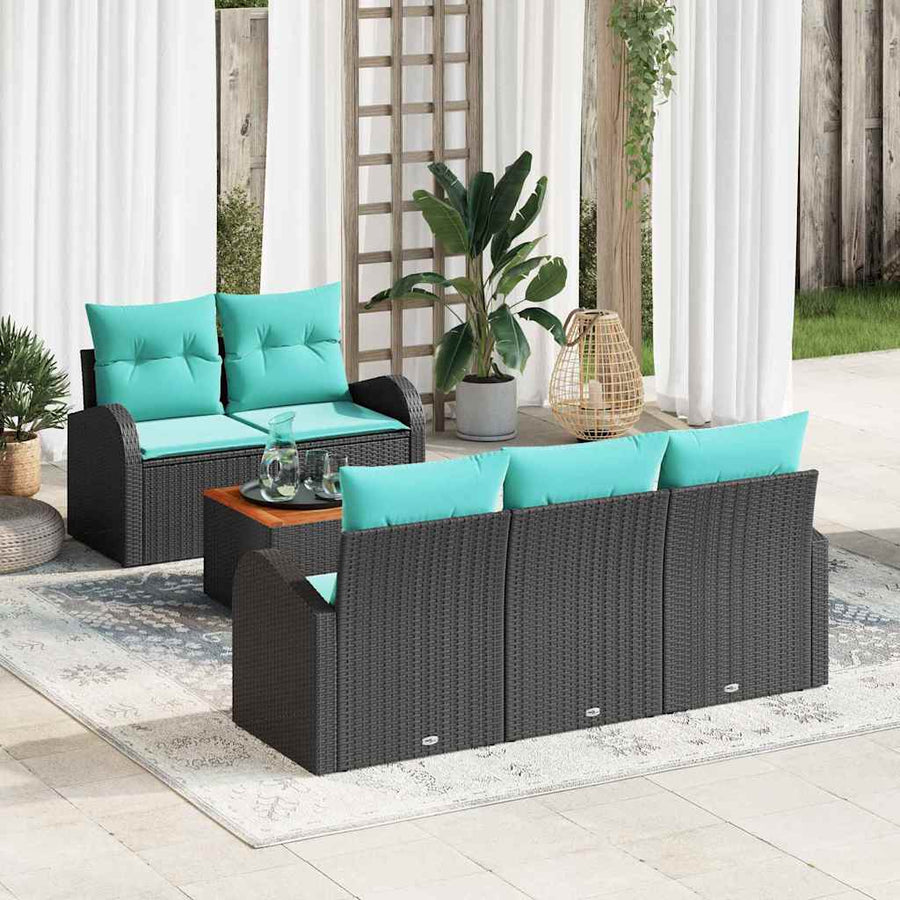 Tuinbankenset met opslag 6 pcs Zwart en Turquoise poly rattan