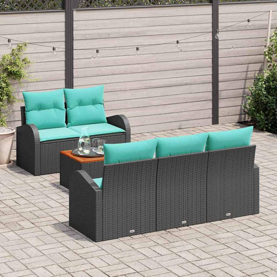 Tuinbankenset met opslag 6 pcs Zwart en Turquoise poly rattan
