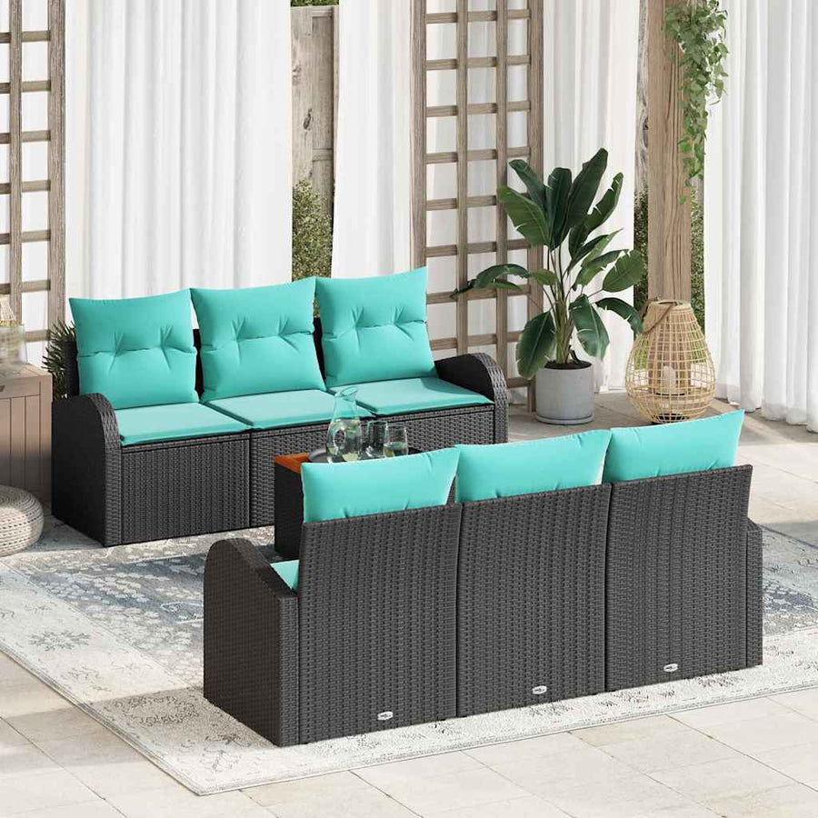 Tuinbankenset met opslag 7 pcs Zwart en Turquoise poly rattan