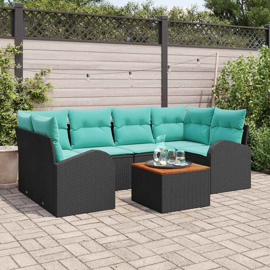 Tuinbankenset met opslag 7 pcs Zwart en Turquoise poly rattan