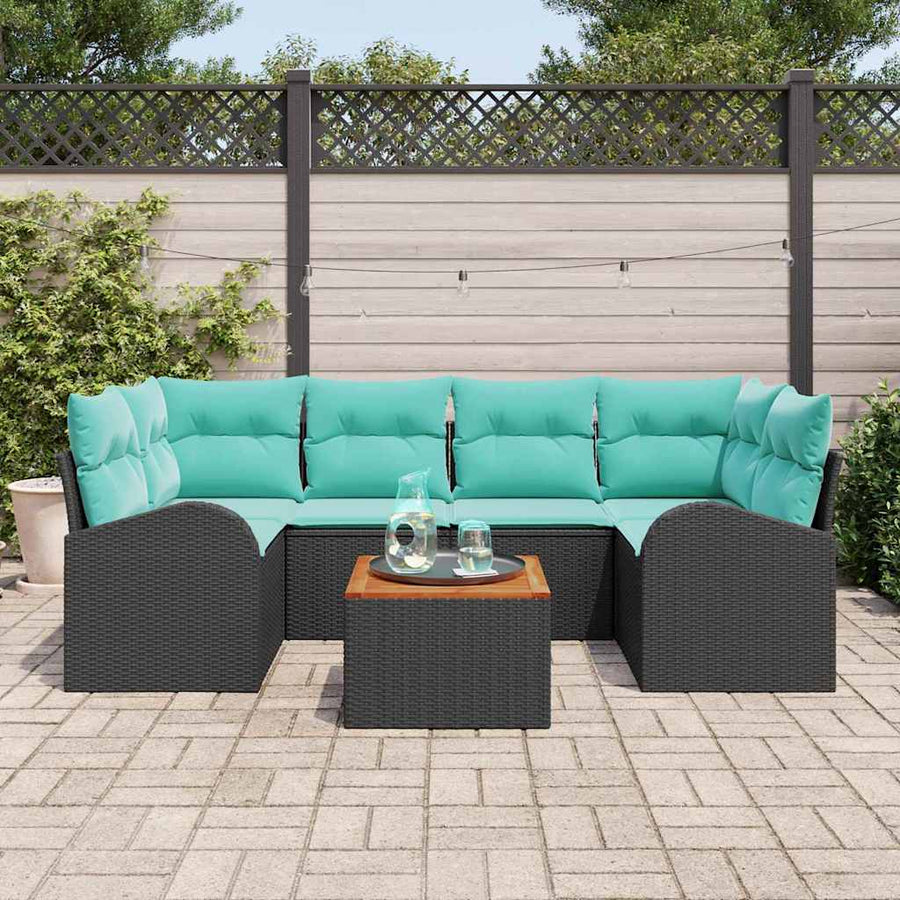 Tuinbankenset met opslag 7 pcs Zwart en Turquoise poly rattan