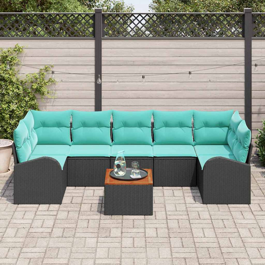 Tuinbankenset met opslag 8 pcs Zwart en Turquoise poly rattan
