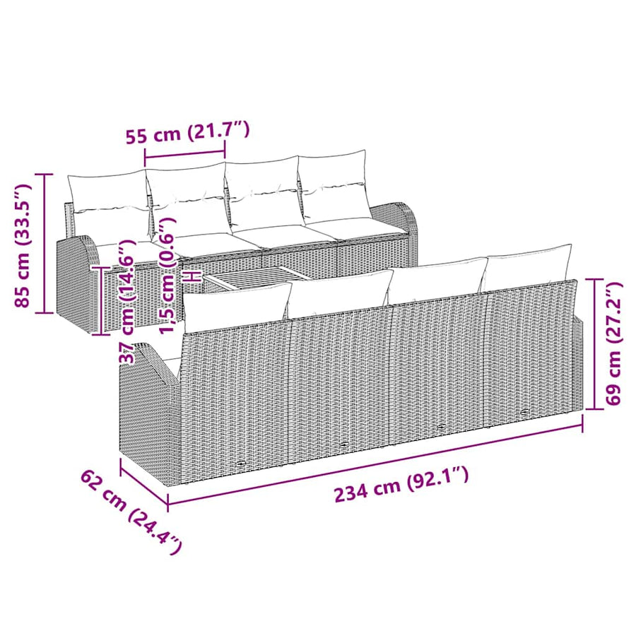 Tuinbankenset met opslag 9 pcs Grijs poly rattan