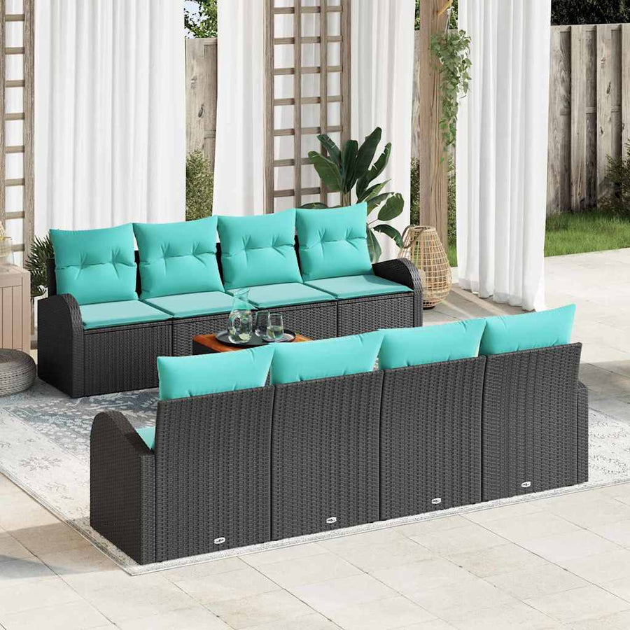 Tuinbankenset met opslag 9 pcs Zwart en Turquoise poly rattan