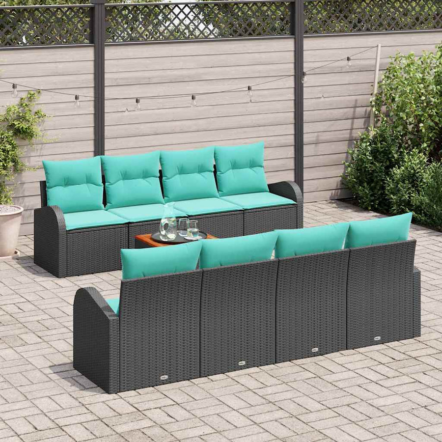 Tuinbankenset met opslag 9 pcs Zwart en Turquoise poly rattan