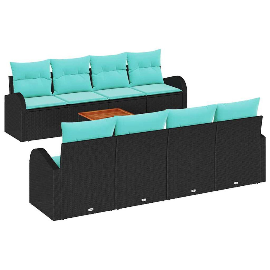 Tuinbankenset met opslag 9 pcs Zwart en Turquoise poly rattan