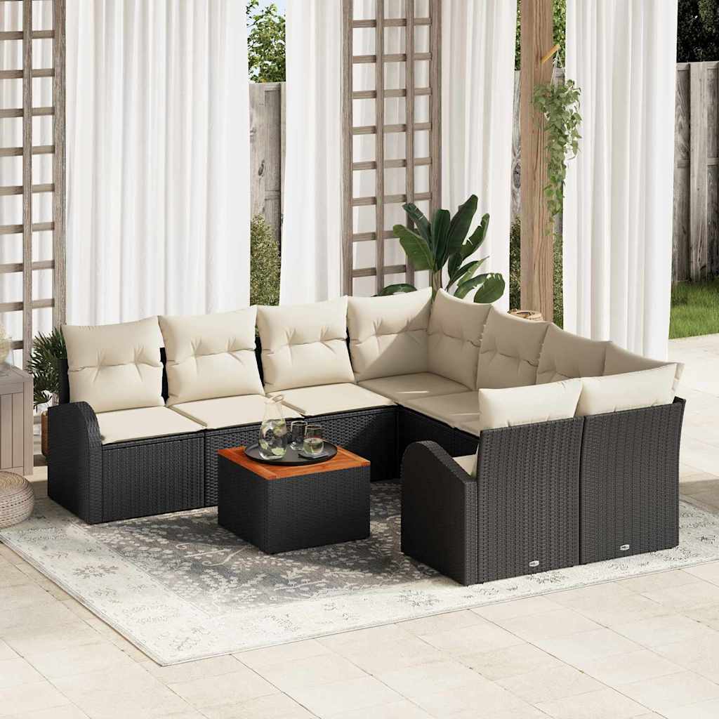 Tuinbankenset met opslag 9 pcs Zwart en Crème poly rattan