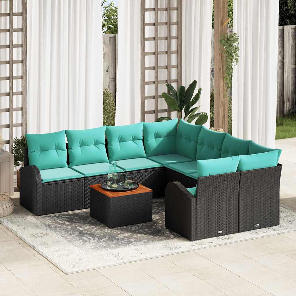 Tuinbankenset met opslag 9 pcs Zwart en Turquoise poly rattan