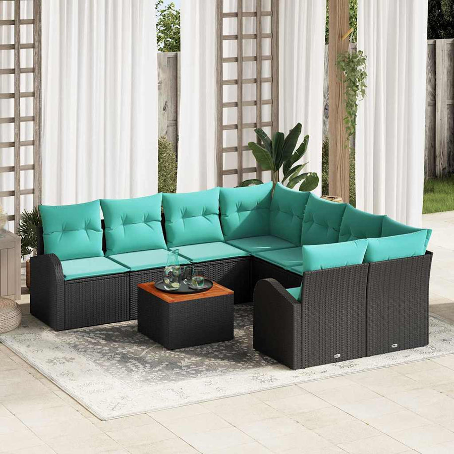 Tuinbankenset met opslag 9 pcs Zwart en Turquoise poly rattan
