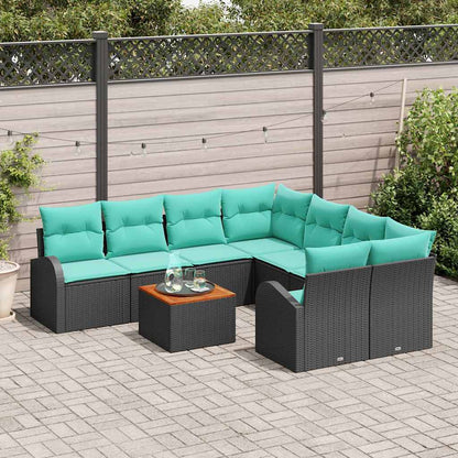 Tuinbankenset met opslag 9 pcs Zwart en Turquoise poly rattan