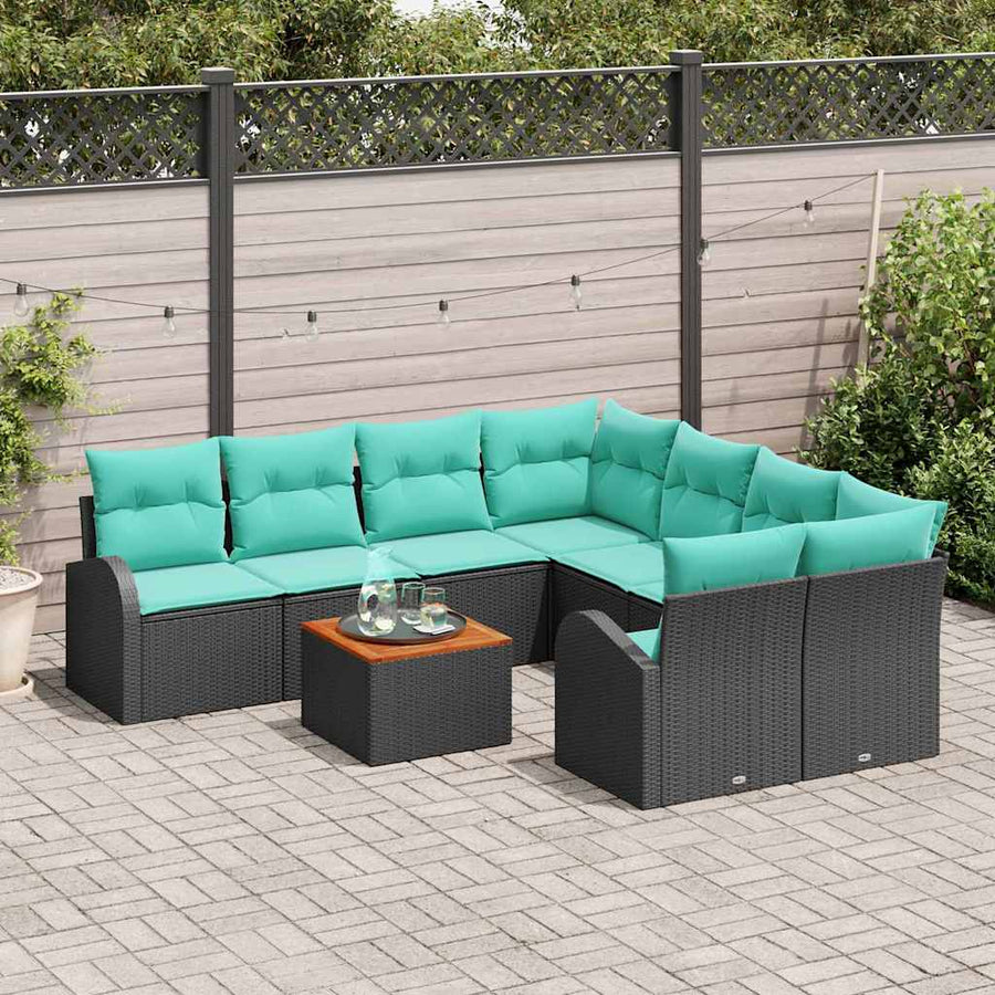 Tuinbankenset met opslag 9 pcs Zwart en Turquoise poly rattan