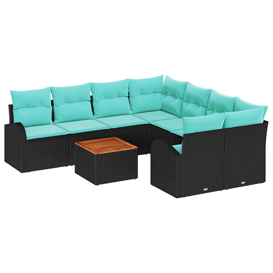 Tuinbankenset met opslag 9 pcs Zwart en Turquoise poly rattan