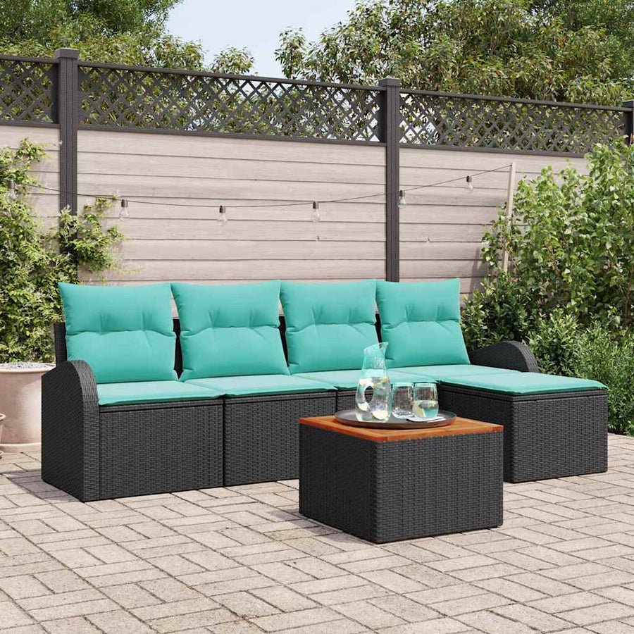 Tuinbankenset met opslag 6 pcs Zwart en Turquoise poly rattan