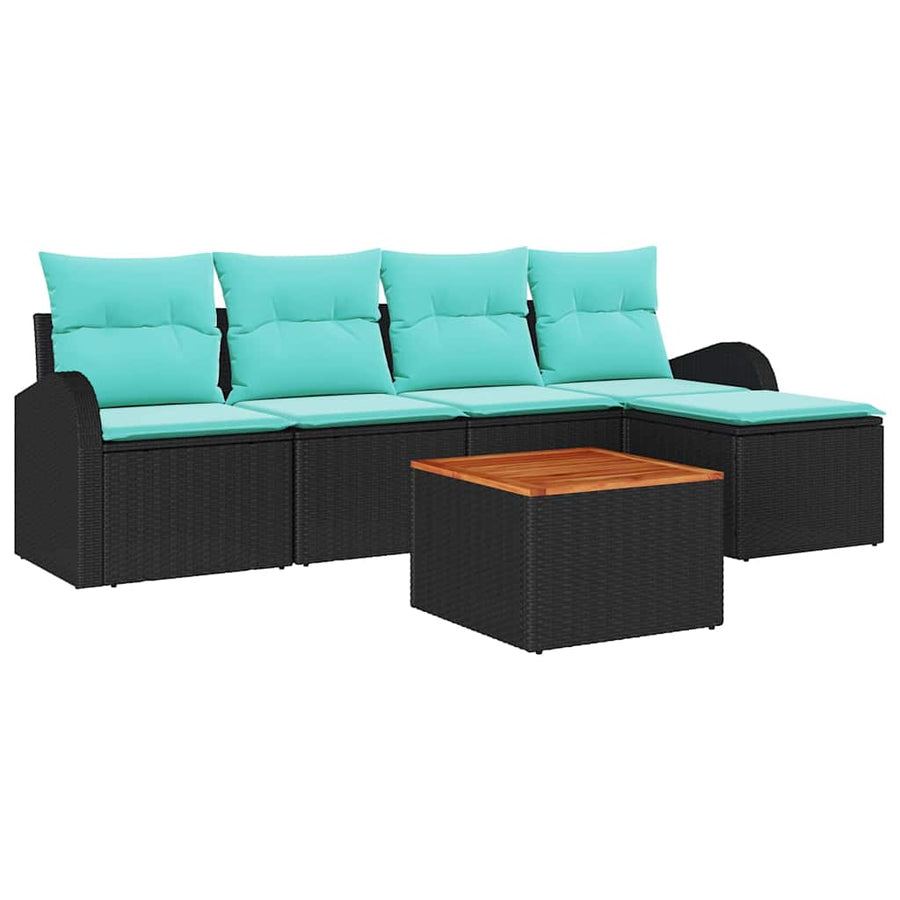 Tuinbankenset met opslag 6 pcs Zwart en Turquoise poly rattan