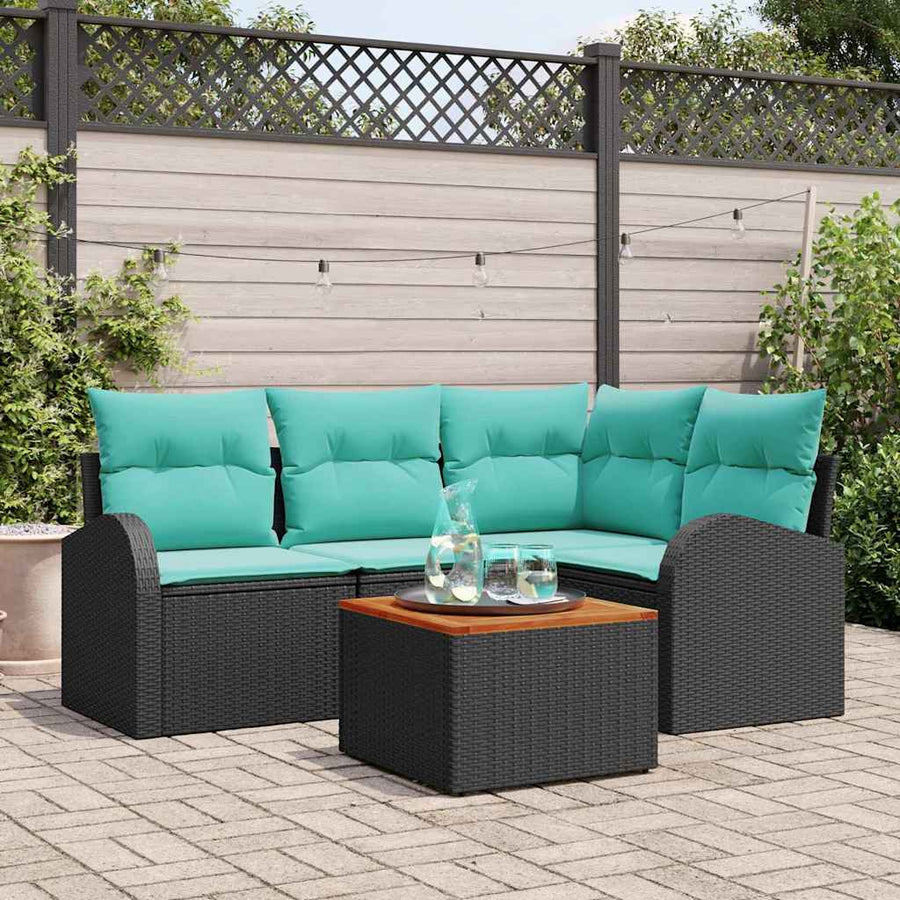Tuinbankenset met opslag 5 pcs Zwart en Turquoise poly rattan