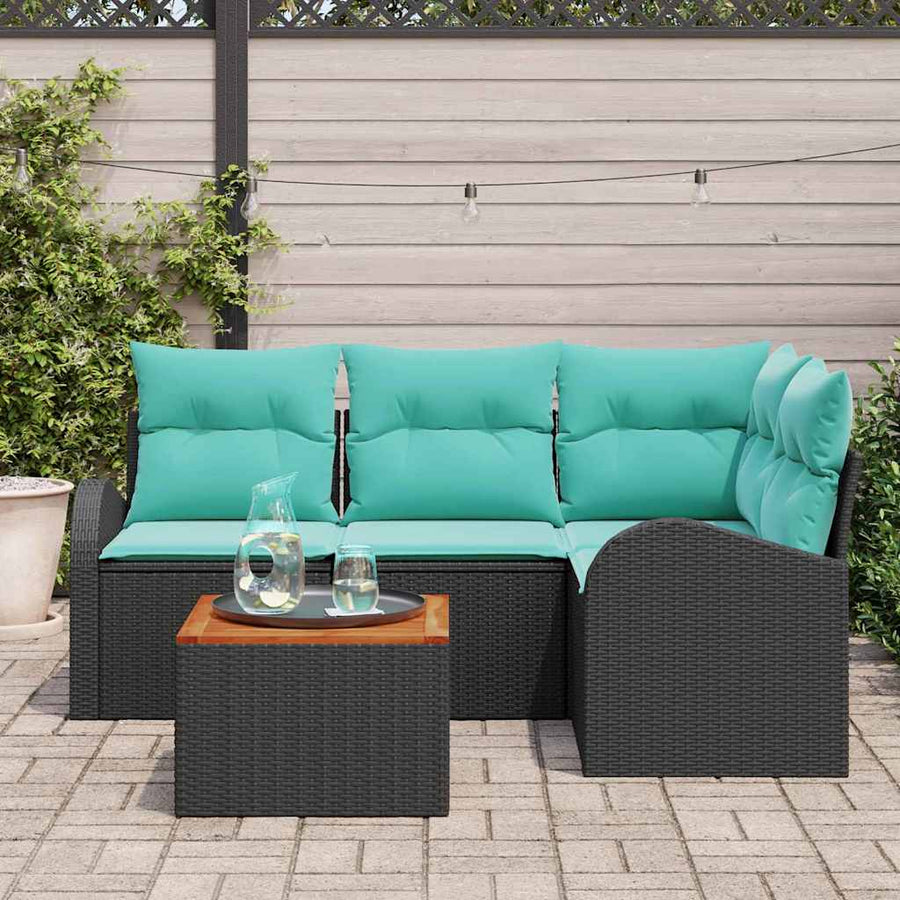 Tuinbankenset met opslag 5 pcs Zwart en Turquoise poly rattan