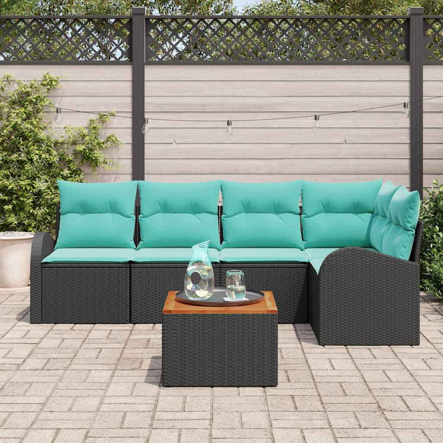 Tuinbankenset met opslag 6 pcs Zwart en Turquoise poly rattan
