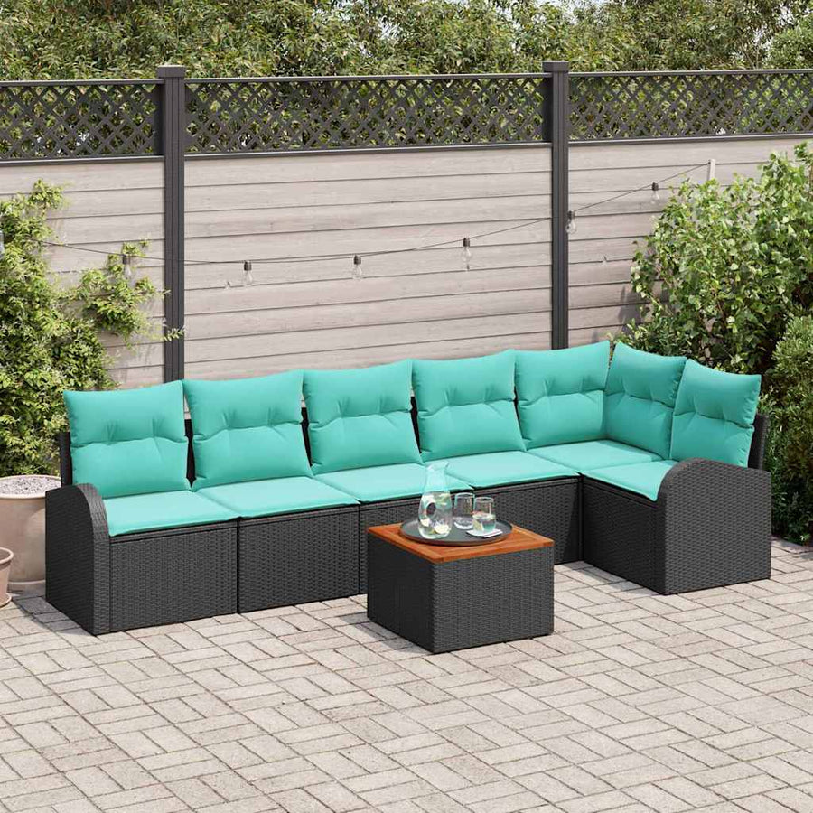 Tuinbankenset met opslag 7 pcs Zwart en Turquoise poly rattan