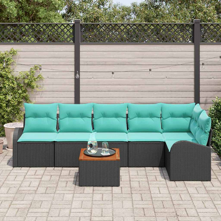 Tuinbankenset met opslag 7 pcs Zwart en Turquoise poly rattan