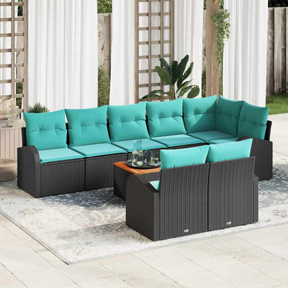 Tuinbankenset met opslag 9 pcs Zwart en Turquoise poly rattan
