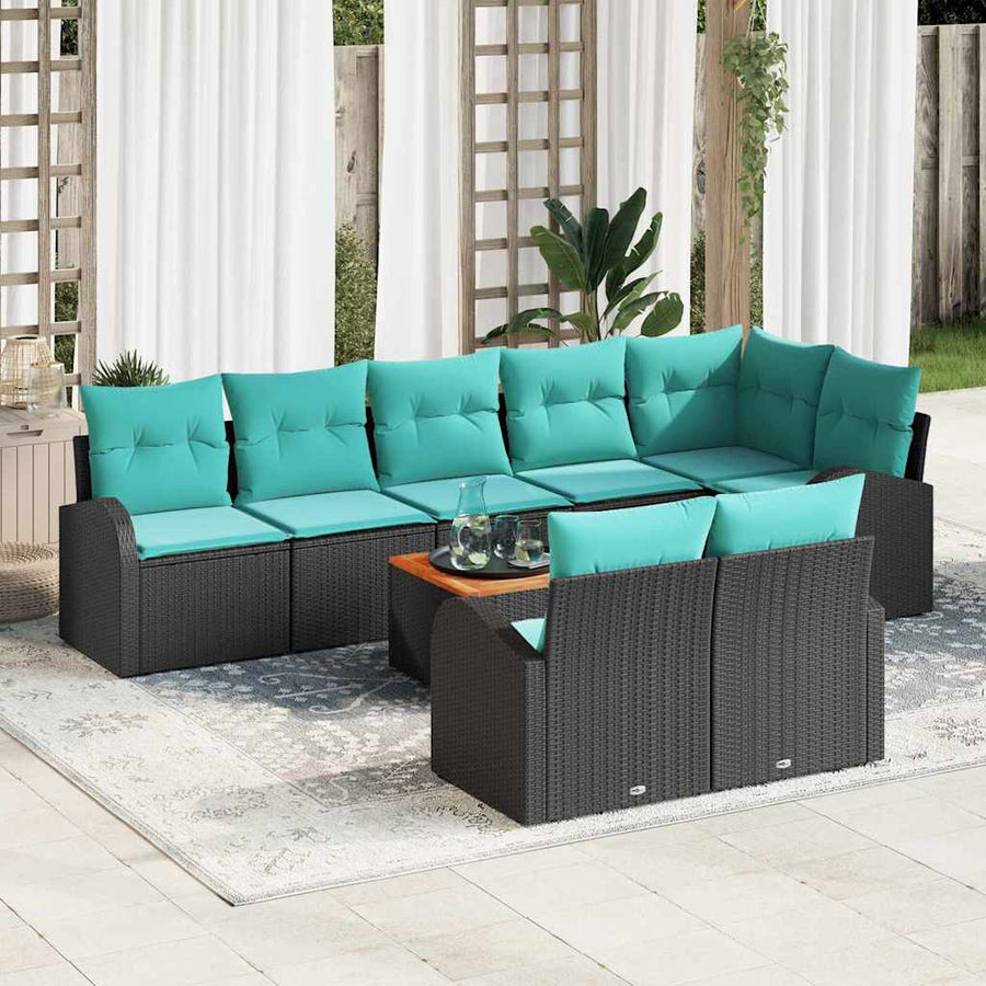 Tuinbankenset met opslag 9 pcs Zwart en Turquoise poly rattan