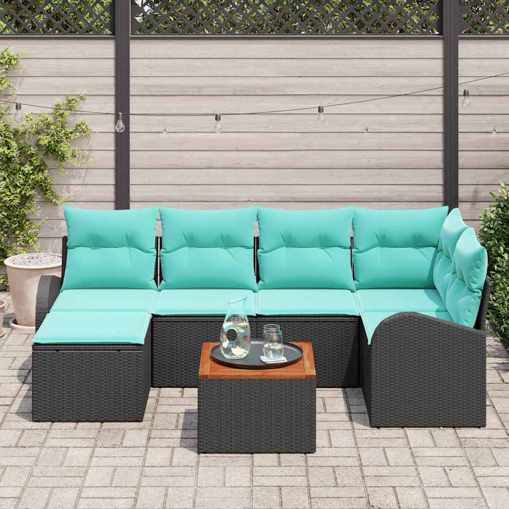 Tuinbankenset met opslag 7 pcs Zwart en Turquoise poly rattan