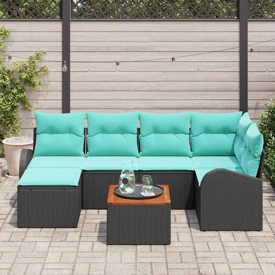 Tuinbankenset met opslag 7 pcs Zwart en Turquoise poly rattan