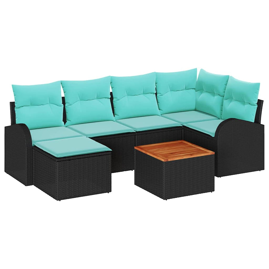 Tuinbankenset met opslag 7 pcs Zwart en Turquoise poly rattan