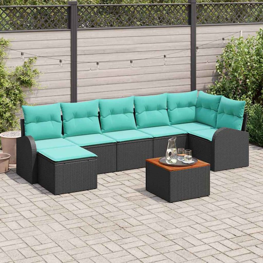 Tuinbankenset met opslag 8 pcs Zwart en Turquoise poly rattan