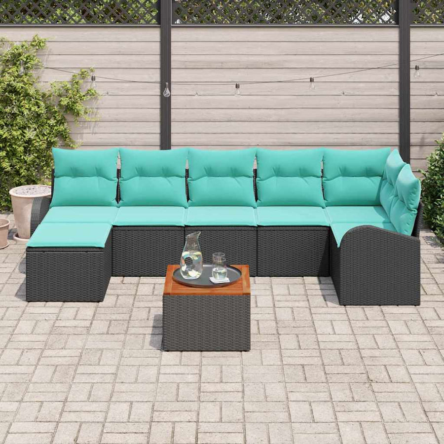 Tuinbankenset met opslag 8 pcs Zwart en Turquoise poly rattan