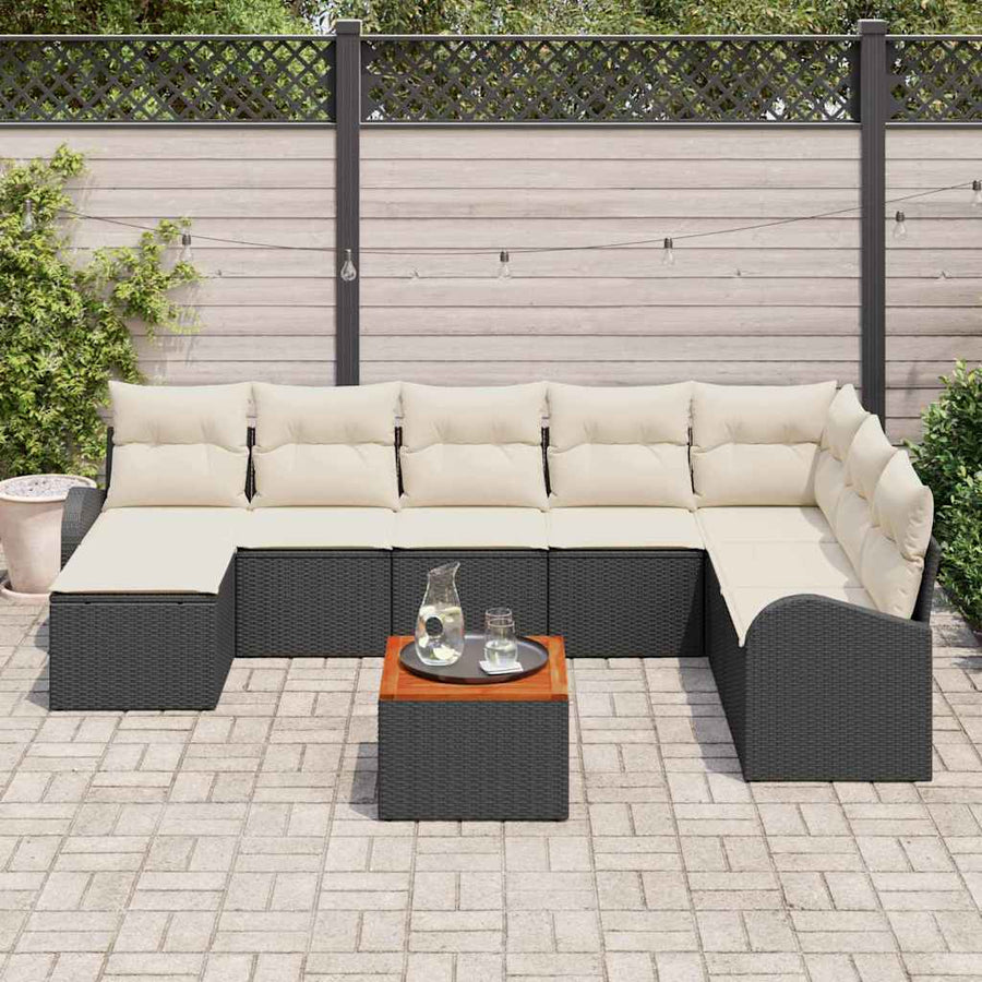 Tuinbankenset met opslag 9 pcs Zwart en Crème poly rattan