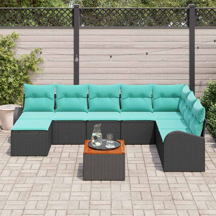 Tuinbankenset met opslag 9 pcs Zwart en Turquoise poly rattan