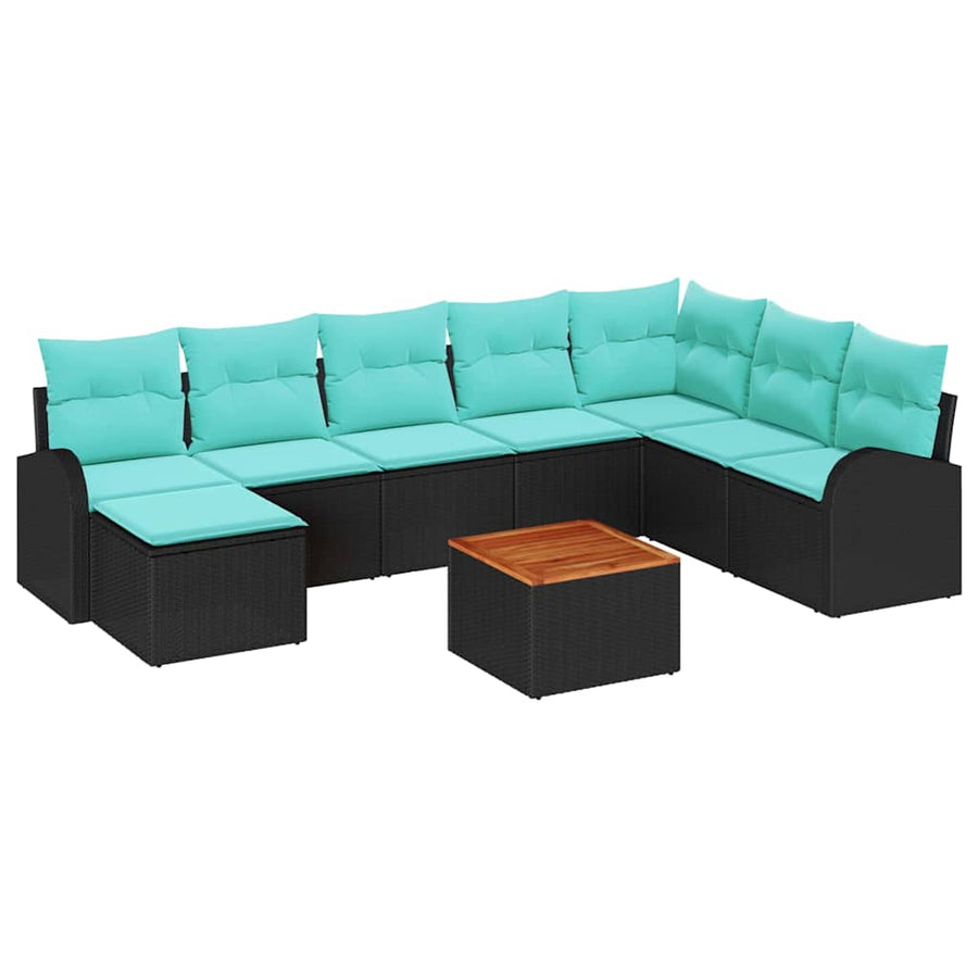 Tuinbankenset met opslag 9 pcs Zwart en Turquoise poly rattan