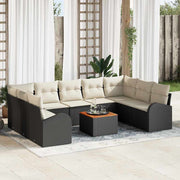 Tuinbankenset 10-delig poly rattan zwart acaciahout