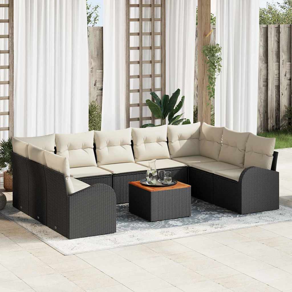 Tuinbankenset met opslag 10 pcs Zwart en Crème poly rattan